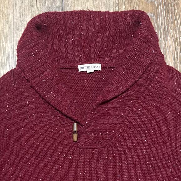 British Khaki Wool Shawl Collar Sweater Mens L Red Fisherman Preppy Academia - Picture 3 of 8